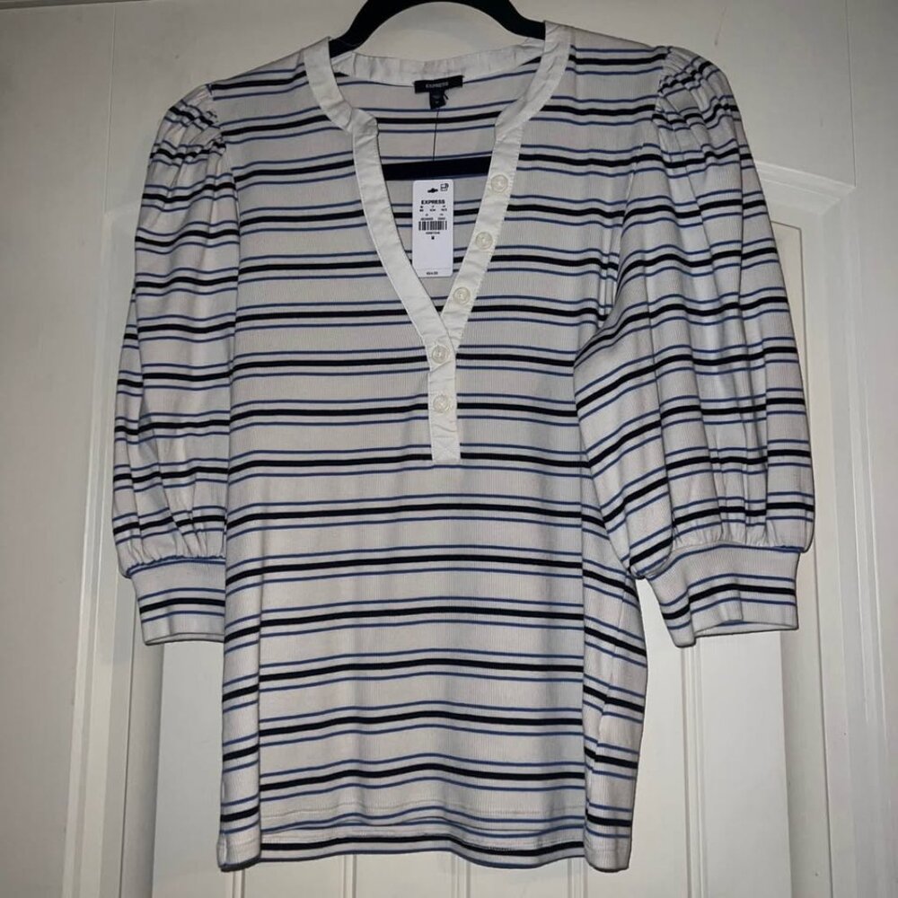NWT Express off white blue stripe puff 3/4 sleeve henley shirt top woman's M